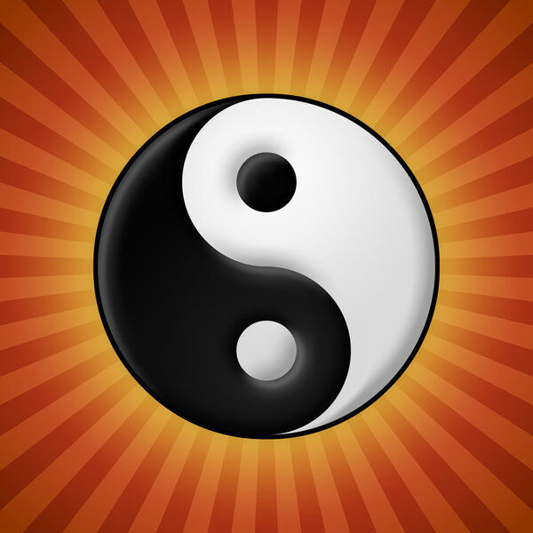 Инь Янь символ на фоне красных лучей
