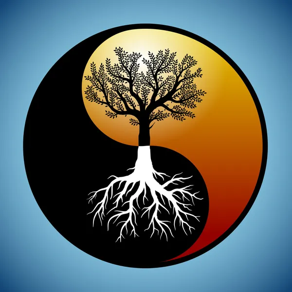 Árbol y sus raíces en el símbolo yin yang — Vector de stock