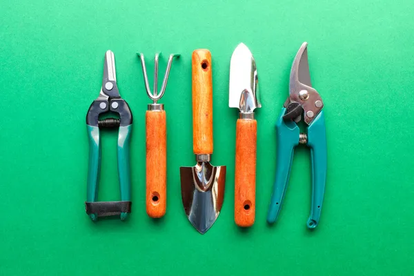 Gardening utensils on green background — Stock Photo, Image