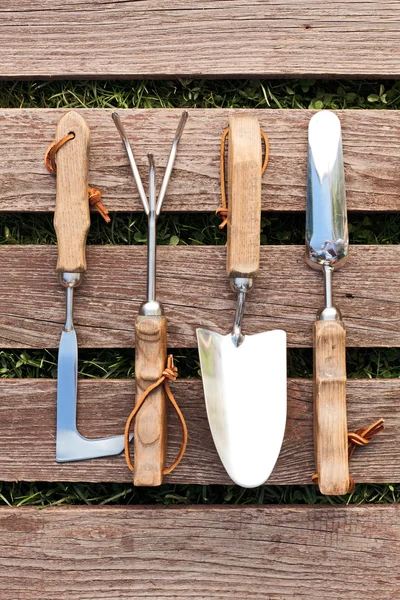 Attrezzi da giardinaggio su tavola di legno — Foto Stock