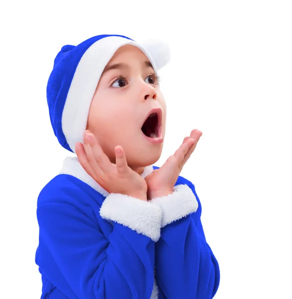 Kleine jongen in blauw santa claus kostuum — Stockfoto