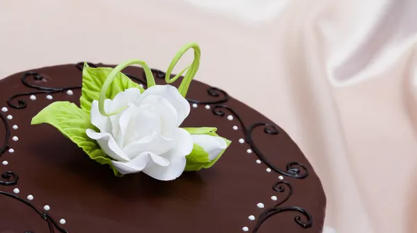 Ciasto czekoladowe z biały cukierki róża ozdoba — Zdjęcie stockowe