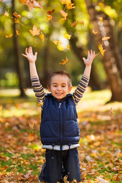 Joyful kid playing with leaves — Stock Photo, Image