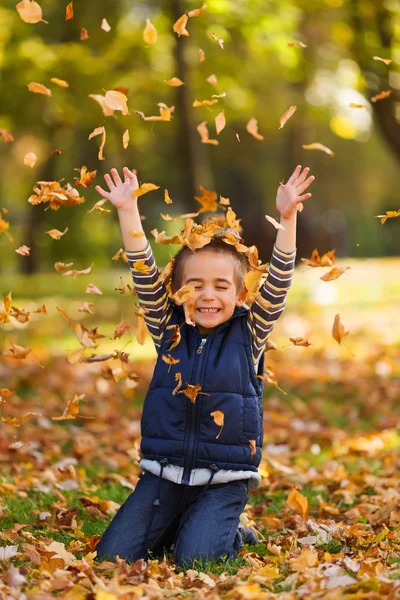 sonbahar yaprakları ile mutlu çocuk
