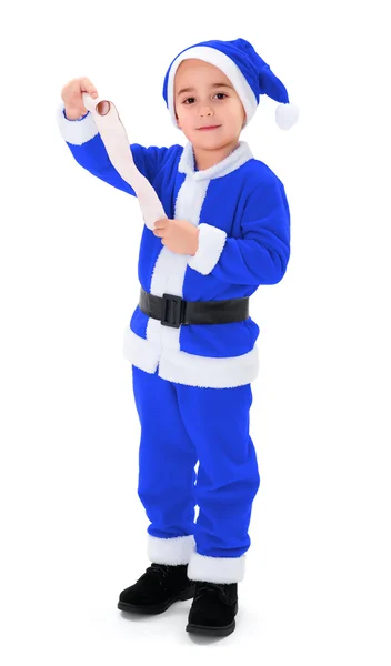 Kleine blauwe santa claus jongen bedrijf leeg verlanglijstje — Stockfoto