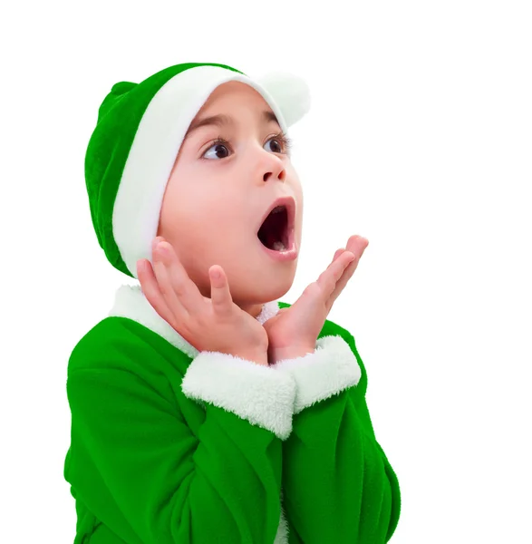 Liten pojke i grön santa claus klädedräkt — Stockfoto