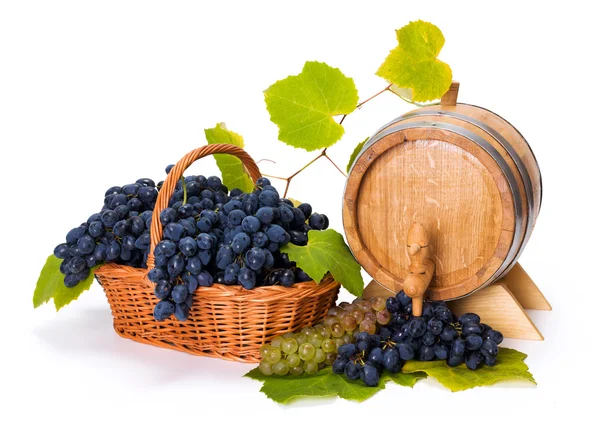 White and blue grape in basket with barrel — Stock Photo, Image