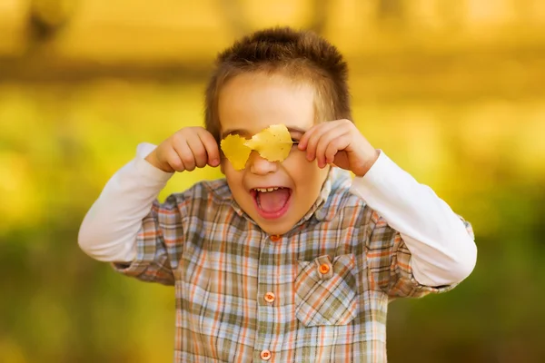 Ευτυχισμένο παιδί που παίζει με τα Φθινοπωρινά φύλλα — Φωτογραφία Αρχείου