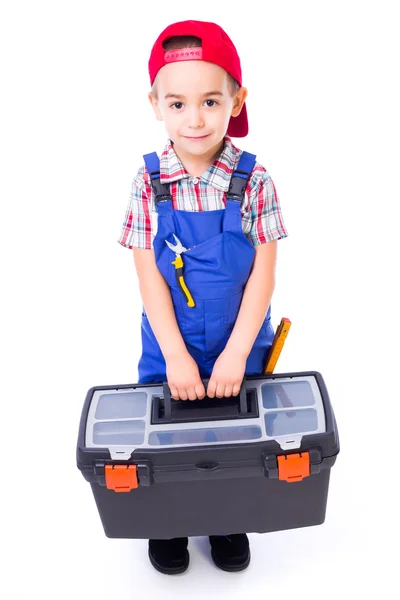 Kleiner Handwerker trägt Werkzeugkiste — Stockfoto