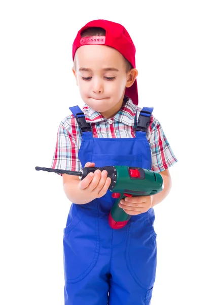 Little handyman with drill — Stock Photo, Image