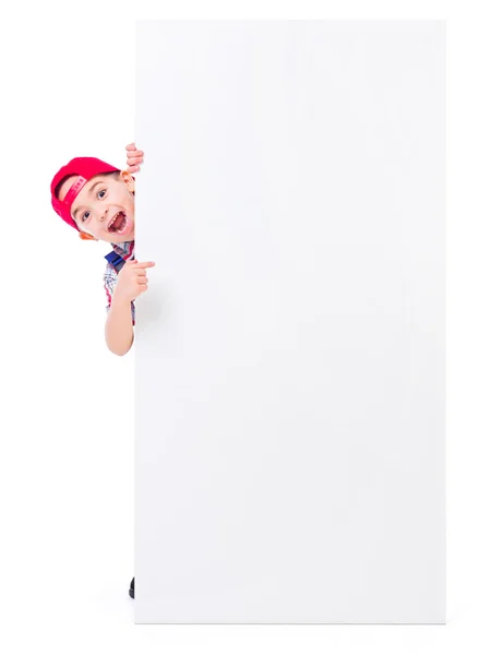 Little handyman showing blank billboard — Stock Photo, Image