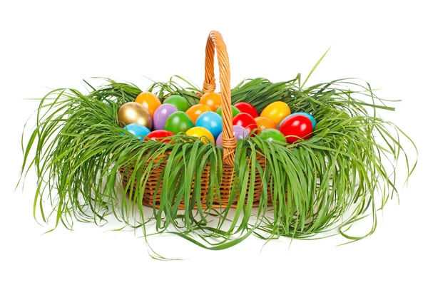 Colorful easter eggs in basket — Stock Photo, Image