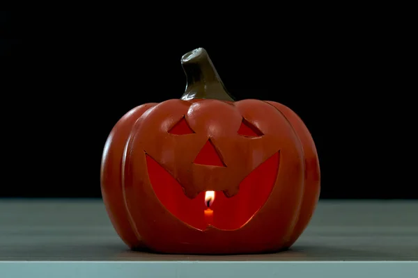 Halloween Festival Abóbora Jack Lanterna Mesa Madeira Frente Fundo Escuro — Fotografia de Stock