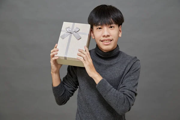 Christmas Party Holidays Concept Young Asian Man Holding Gift Box — Stock Photo, Image