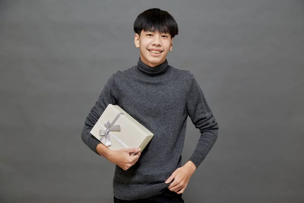 Christmas Party Holidays Concept Young Asian Man Holding Gift Box — Stock Photo, Image