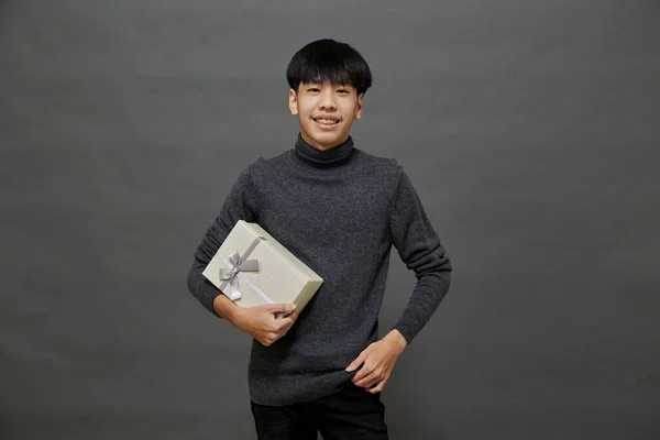 Christmas Party Holidays Concept Young Asian Man Holding Gift Box — Stock Photo, Image