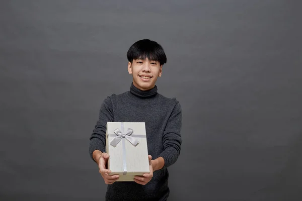 Christmas Party Holidays Concept Young Asian Man Holding Gift Box — Stock Photo, Image