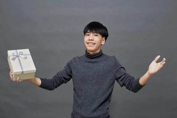 Christmas Party Holidays Concept Young Asian Man Holding Gift Box — Stock Photo, Image