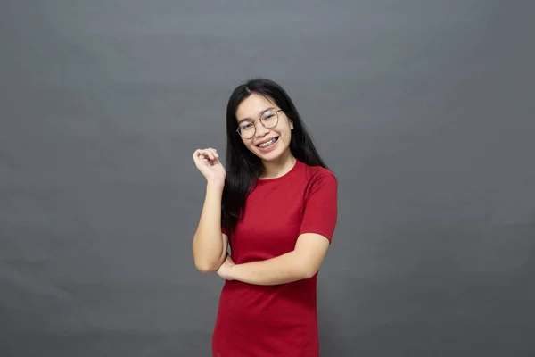 Portrait Young Asian Woman Brunette Red Dress Cross Arms Chest — Stok Foto