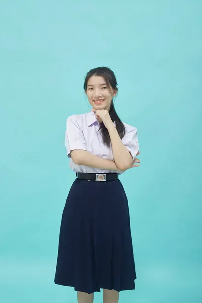 Joven Estudiante Asiática Chica Secundaria Uniforme Estudiante Azul Claro Estudio —  Fotos de Stock