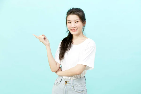 Beautiful Young Asian Woman Portrait Studio Shot Isolated Blue Background —  Fotos de Stock