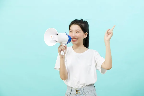 Portrait Beautiful Young Woman Smile Megaphone Isolated Blue Background — 스톡 사진
