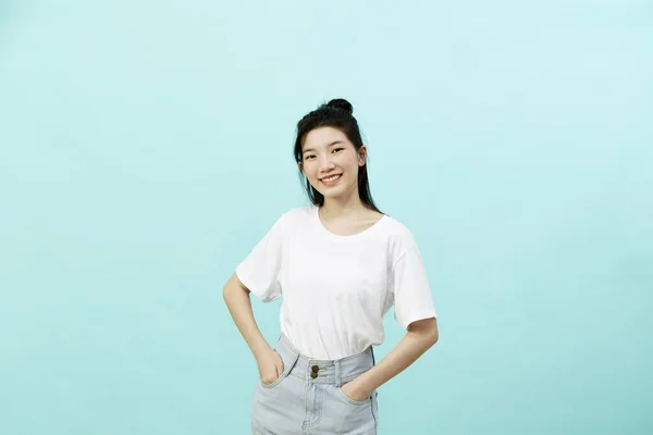 Beautiful Young Asian Woman Portrait Studio Shot Isolated Blue Background —  Fotos de Stock