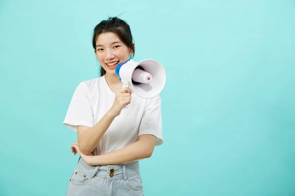 Portrait Beautiful Young Woman Smile Megaphone Isolated Blue Background — 图库照片