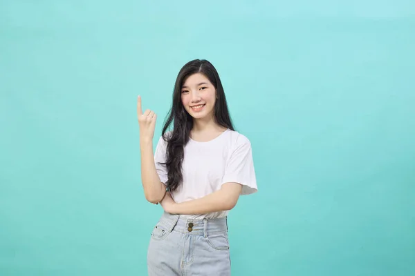 Retrato Adolescente Asiática Hermosa Joven Sonrisa Sonrisa Dedo Dedo Lado — Foto de Stock