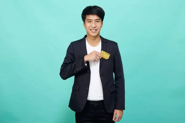 Portrait Young Handsome Businessman Suit Holding Yellow Credit Card Isolated — ストック写真