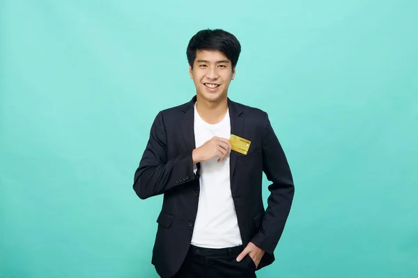 Portrait Young Handsome Businessman Suit Holding Yellow Credit Card Isolated — 스톡 사진