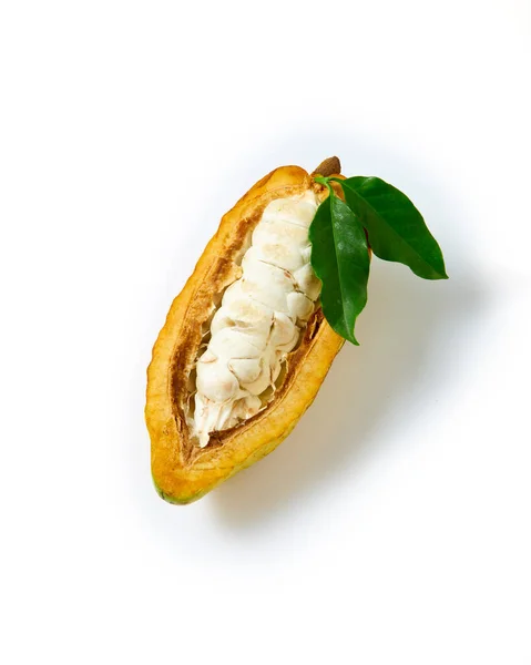 Vista Superior Frutas Frescas Cacao Medio Cortadas Rodajas Hoja Verde — Foto de Stock
