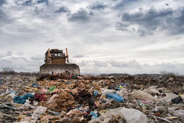 Bulldozer Bekerja Tempat Pembuangan Sampah Dengan Burung Langit Matahari Terbenam — Stok Foto