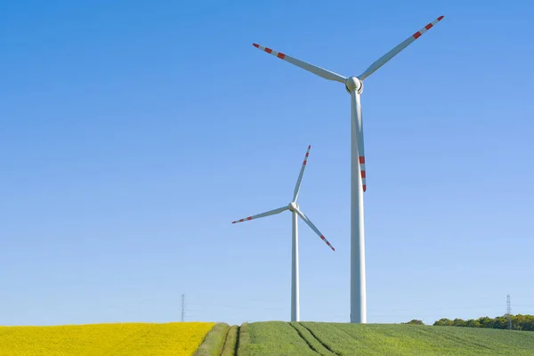 Landschaft Mit Windkraftanlage Und Rapsfeld — Stockfoto