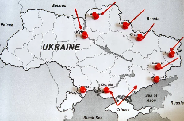 ロシアとウクライナ ウクライナ危機地図 ウクライナとロシアの軍事衝突 地政学的概念図 — ストック写真