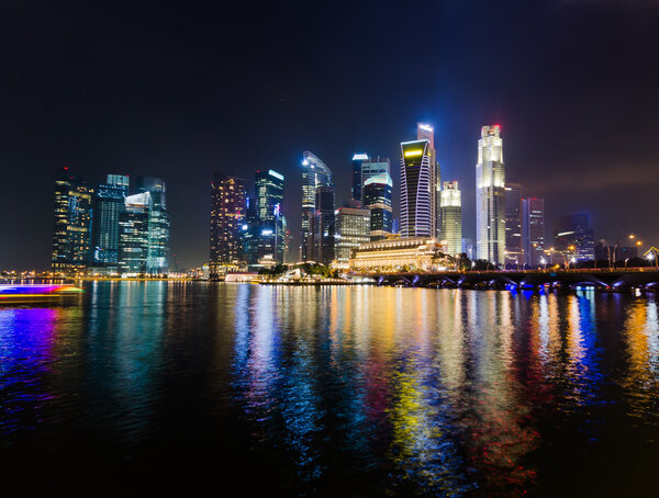 Singapore city skyline at night.