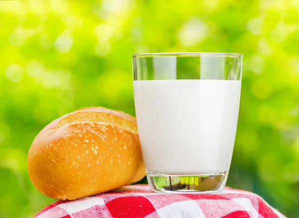 Leite fresco e pão no fundo da natureza — Fotografia de Stock