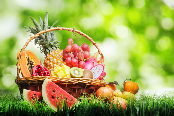 Basket of tropical fruits on green grass