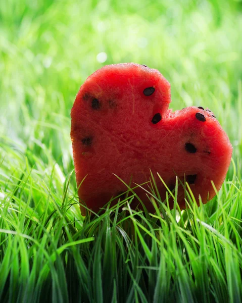 Coração de melancia na grama verde. Conceito Valentine — Fotografia de Stock