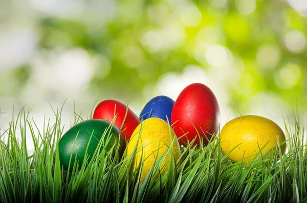 Velikonoční vajíčka na zelené trávě — Stock fotografie