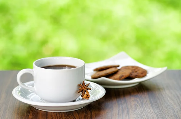 Coffee and oatmeal cookies on nature background — Stock Photo, Image