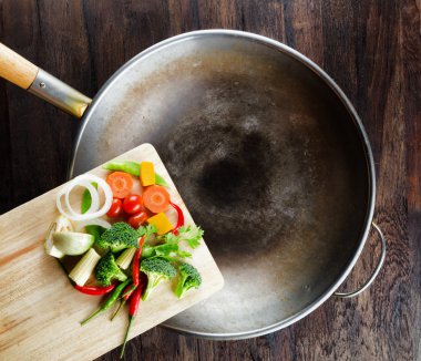 kesme tahtası üzerinde taze sebze wok içinde düşer. co