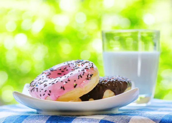 Fresh donuts and glass of milk on nature background — Stock Photo, Image