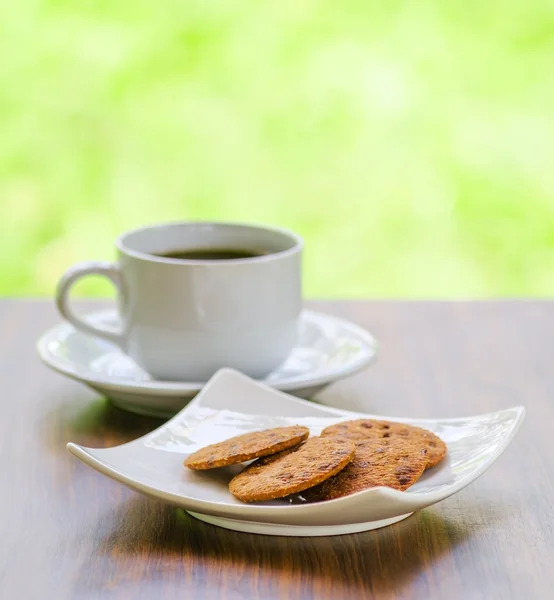 Coffee and oatmeal cookies on nature background — Stock Photo, Image
