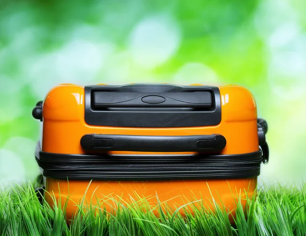Walizce pomarańczowy w zielonej trawie na naturalne tło — Zdjęcie stockowe