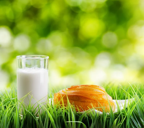 Färsk kanelbulle och ett glas mjölk på natur bakgrund — Stockfoto