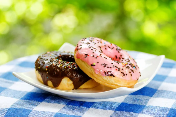 Donuts frescos en el fondo de la naturaleza — Foto de Stock