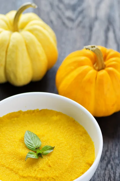 Porridge di zucca e zucche su tavolo di legno nero — Foto Stock