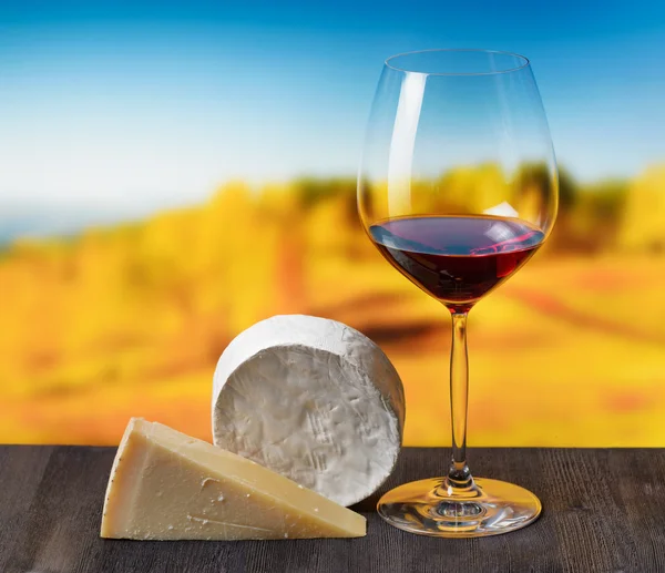 Cheese and glass of wine on nature background — Stock Photo, Image
