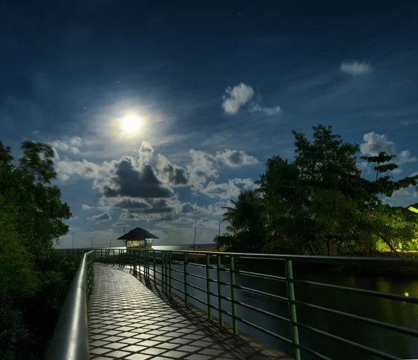 Gazebo and moon in water's reflection. Night landscape — Stock Photo, Image